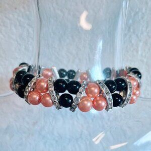 New Handmade Peach & Black Glass Beads Rhinestone Stretch Bracelet